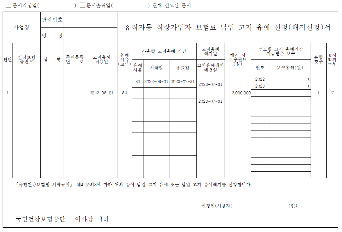  출산휴가, 육아휴직, 육아기근로시간단축 신청 근로자의 건강보험 납부유예신청 또는 보수월액변경신고
