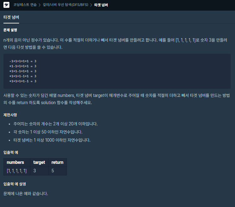  프로그래머스[Java] - (Level2)타겟넘버(dfs)