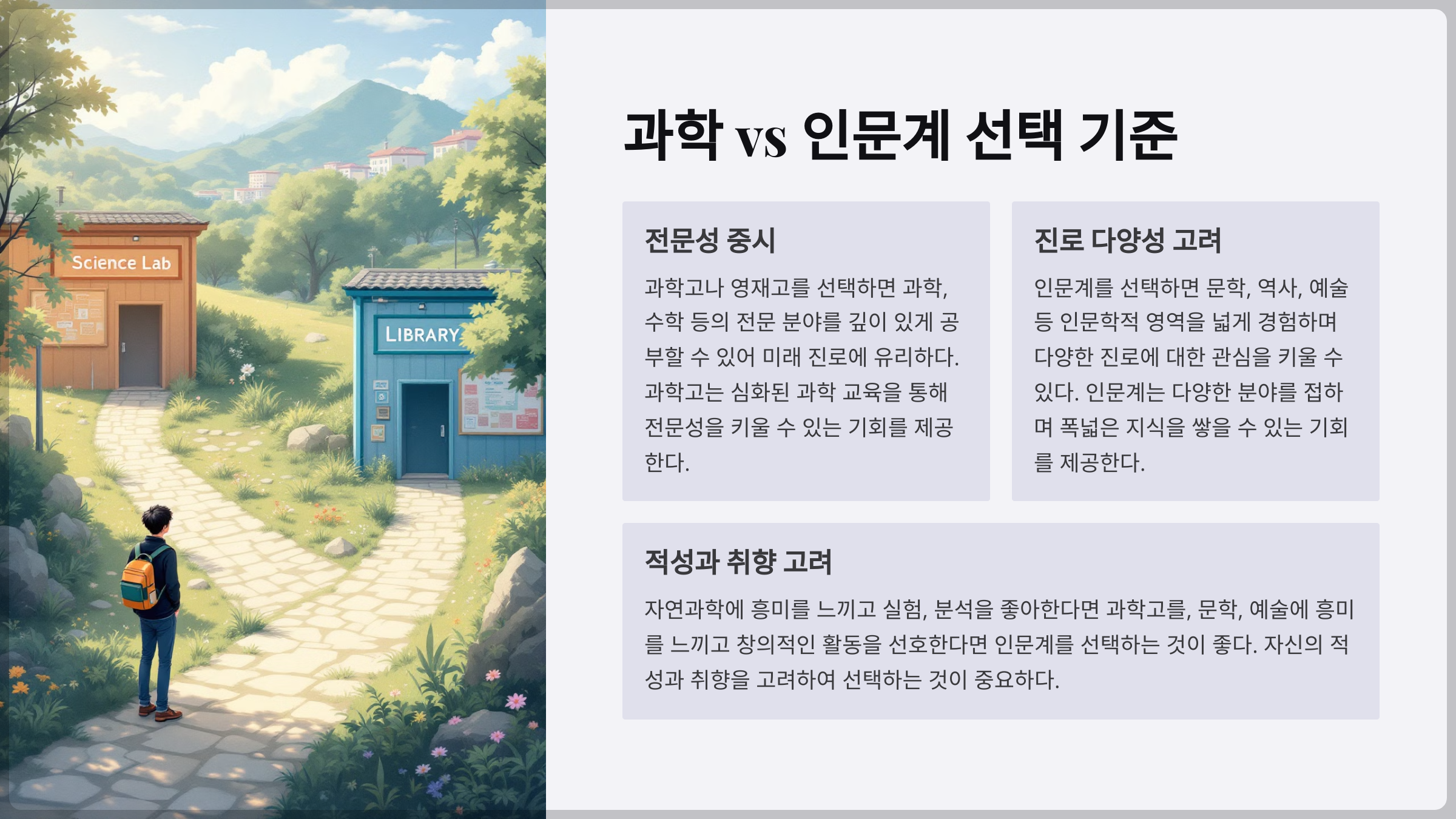 과학고와 영재고를 선택하느냐, 인문계로 가야하느냐 고민하는 학생들을 위한 선택 기준.