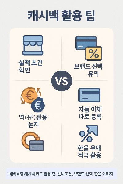 해외쇼핑 캐시백 카드 활용 팁, 실적 조건, 브랜드 선택, 환율 우대 정리 이미지