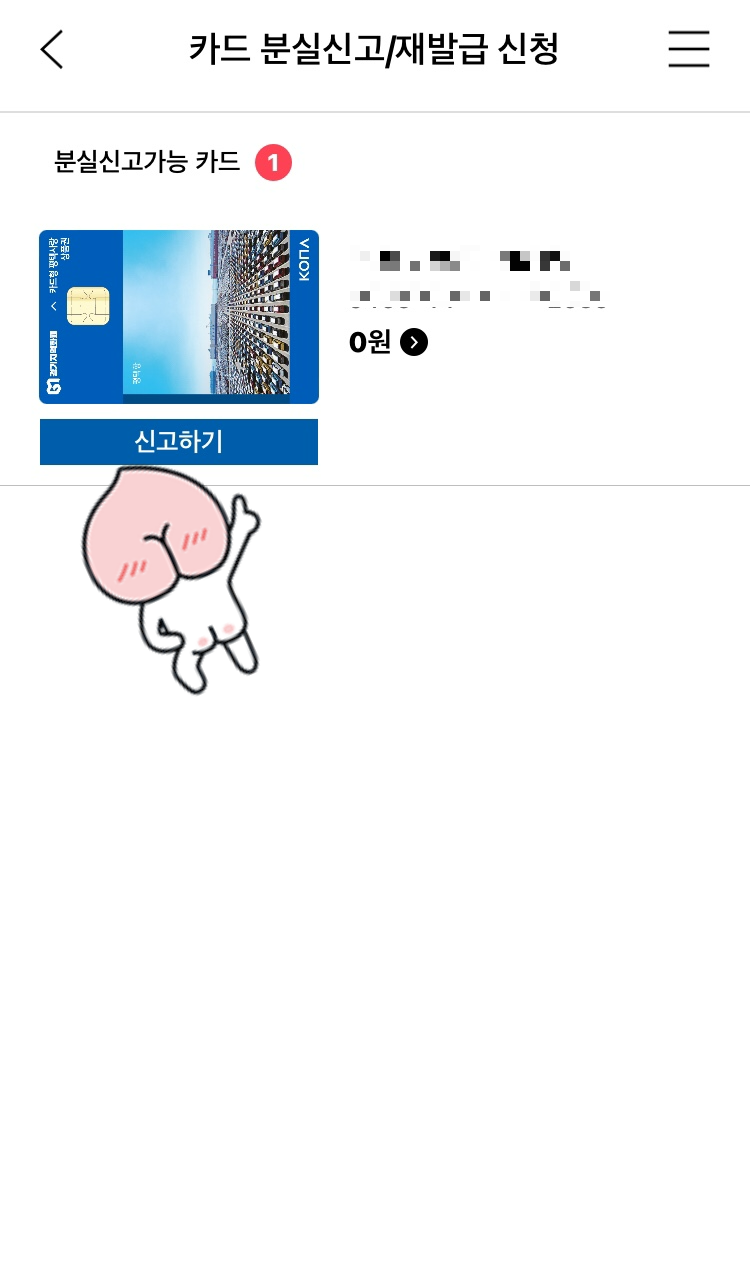 카드분실신고 신청화면