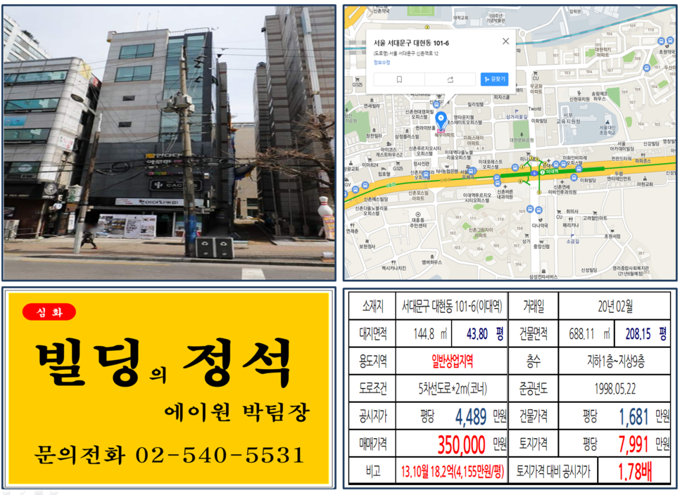  [서대문구 일반상업지역 코너빌딩 실거래가 조회] 대현동 101-6 (이대역) 35억 원, 평당 7,991만 원, 이대역 대로변 꼬마빌딩, 신촌그