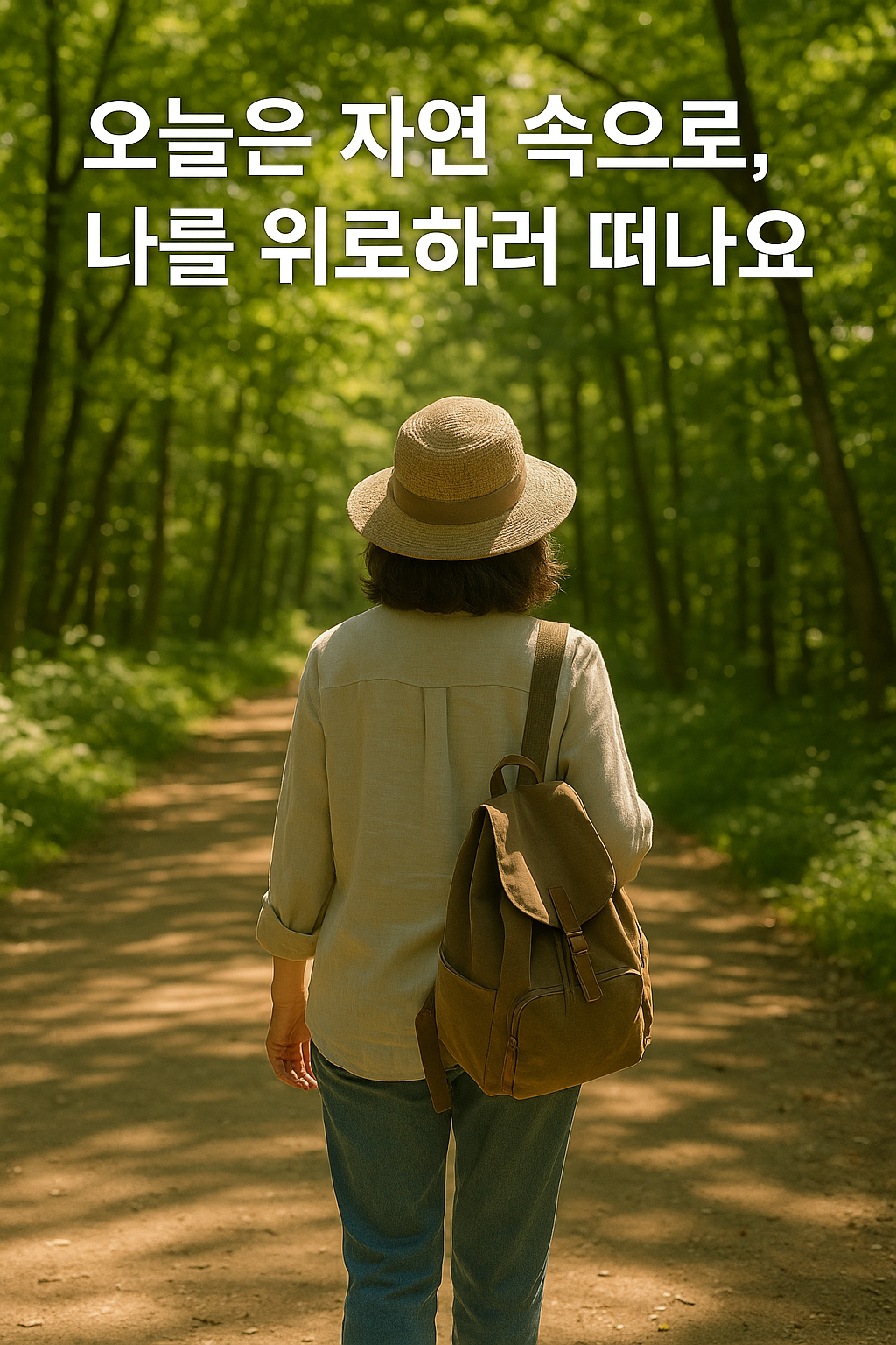 숲길을 천천히 걷는 중년 여성의 모습