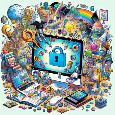 다양한 아이콘과 함께 보안이 강조된 컴퓨터 화면