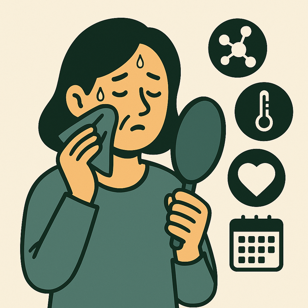 중년 여성 캐릭터가 거울을 보며 땀을 닦고 있으며, 옆에 호르몬, 체온계, 심장, 달력 아이콘이 배치된 2D 일러스트 본문 이미지