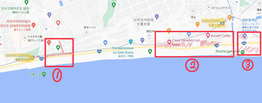카마쿠라의 시치리가하마 연안 관광 추천지역(구글맵 캡쳐화면)