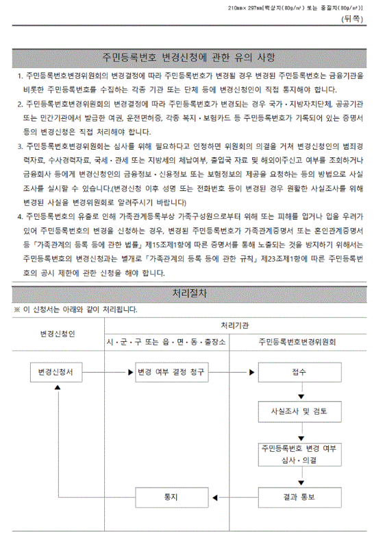 주민등록번호 변경 신청서 뒷면.