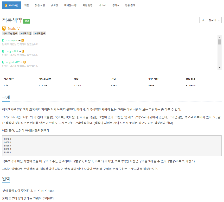  [백준]  10026번: 적록색약(DFS)