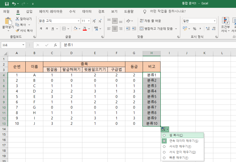 비고, 분류가 연속데이터로 입력된 엑셀 사진