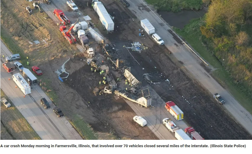  미 일리노이 I-55, 모래 폭풍으로 72대 차량 충돌...6명 사망 30명 이상 발생 VIDEO: 6 dead after dust cloud cause 60-car crash, closes Illinois highway for 28 miles
