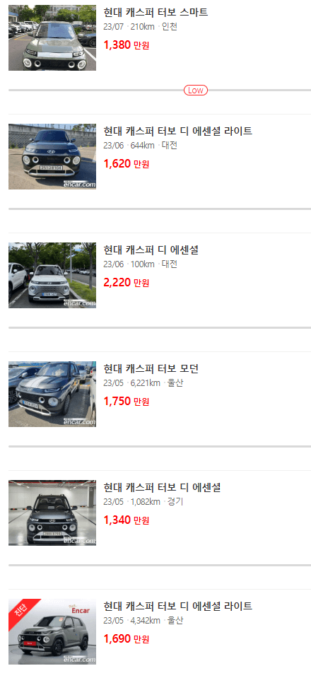 캐스퍼 추천 중고 차 가격