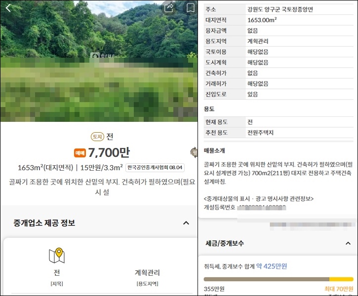 강원도 양구 토지 임야 땅 매매 매물 부동산 시세 땅값 집값