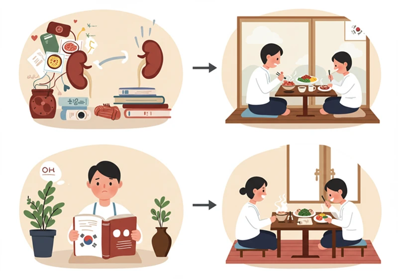 신장 건강 식단관리 걱정에서 희망으로 맛있는 건강식 한국적 배경 플랫디자인 일러스트