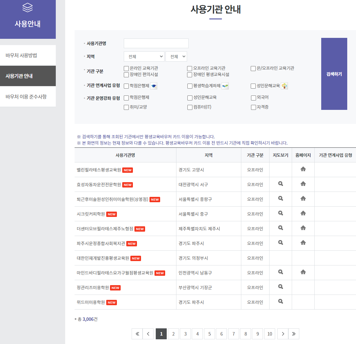 평생교육바우처 사용기관 안내