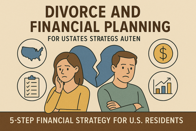 Divorced couple planning finances with checklist, dollar icon, and rising chart illustration for post-divorce financial strategies in the U.S.