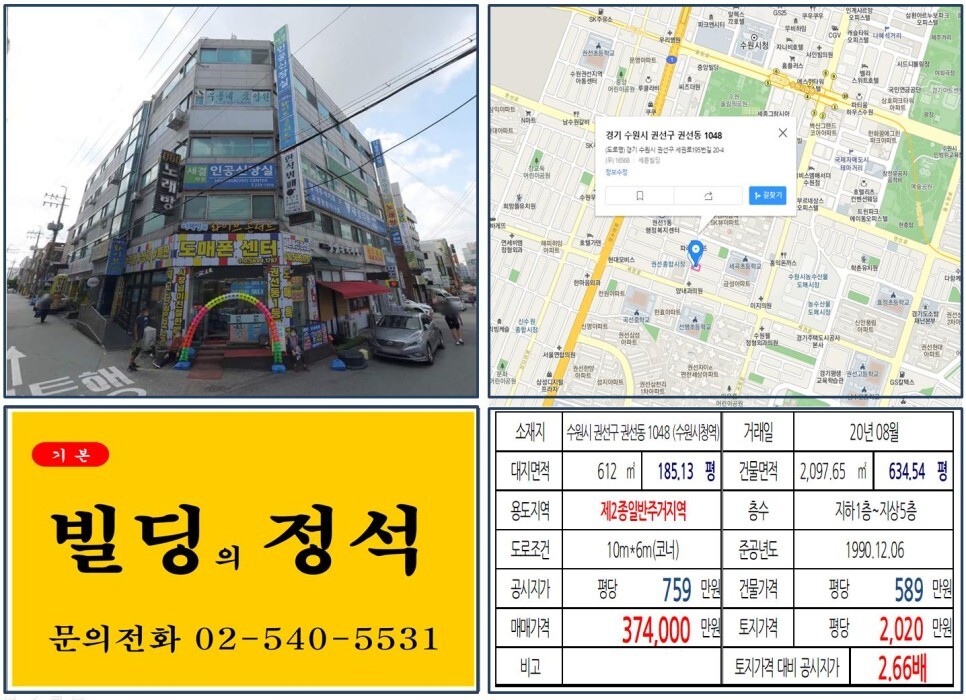 [수원시 권선구 항아리상권 30억 빌딩 실거래가 조회] 권선동 1048 (수원시청역) 37억 4,000만 원, 평당 2,020만 원 매매되었습니다.