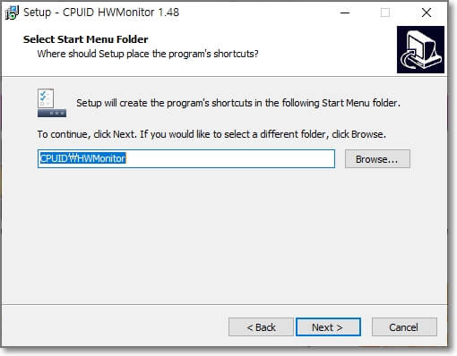 HWMonitor가 윈도우 시작 메뉴의 어느 폴더에 설치되게 할 것인지를 선택하는 과정을 표시한 사진입니다.
