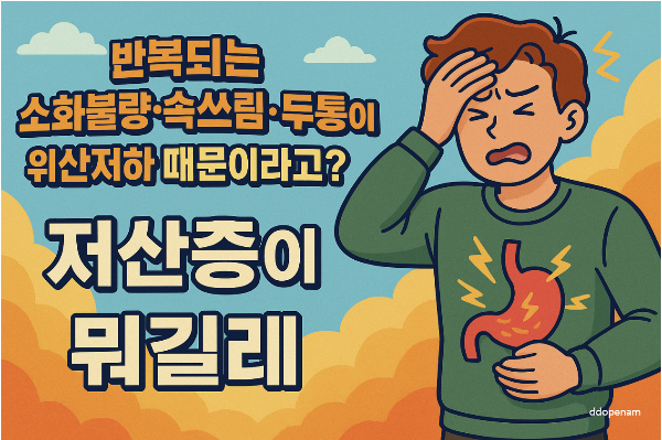 반복되는 소화불량 속쓰림 두통이 위산저하 때문이라고? 저산증이 뭐길래-본문 이해를 돕는 생성형이미지
