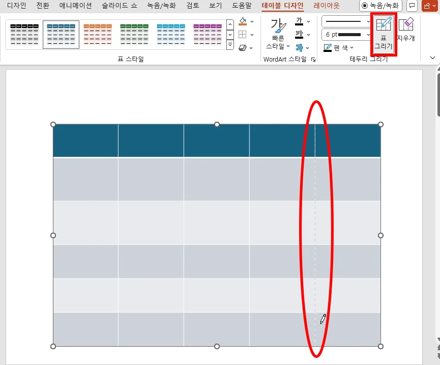 ppt에서 표의 테두리를 변경하는 모습