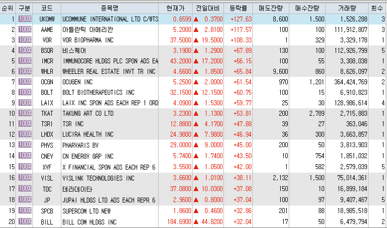  2월5일 미국주식 상승률 상위 종목 TOP 300