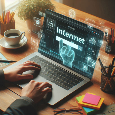 디지털 인터페이스가 떠 있는 인터넷 화면을 조작하는 손.