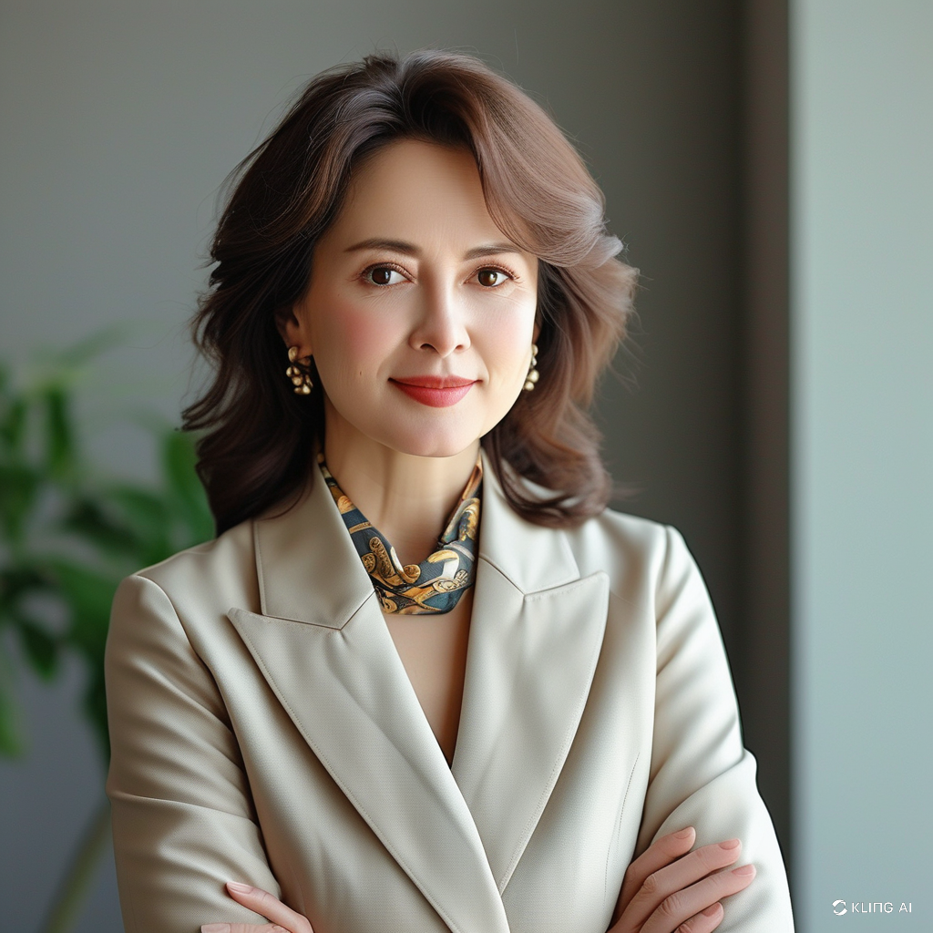 베이지 재킷에 고급스러운 스카프와 진주 귀걸이로 세련되게 스타일링한 중년 여성