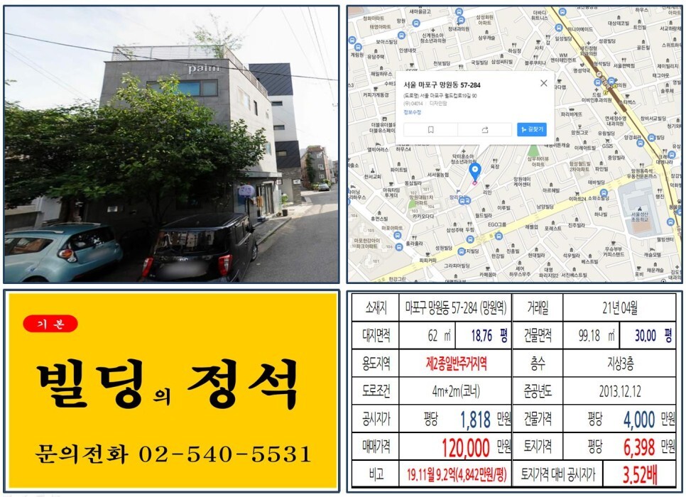  [마포구 망리단길 10억 올근생 꼬마빌딩 실거래가 조회] 망원동 57-284 (망원역) 12억 원, 평당 6,398만 원 매매되었습니다.