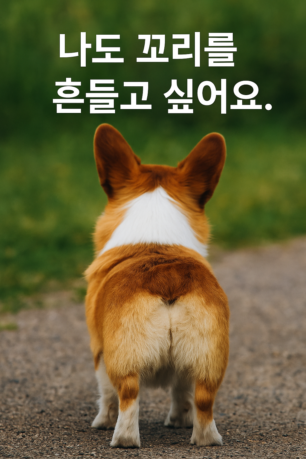 꼬리가 단미된 웰시코기가 뒤돌아 서있다.