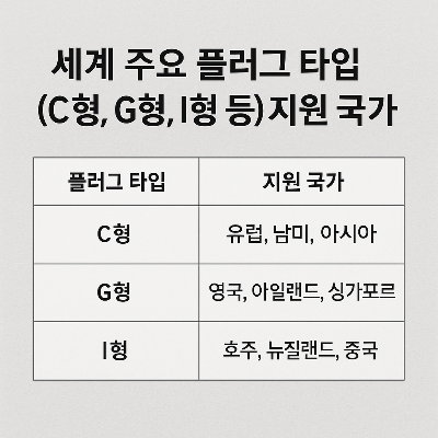 세계 주요 플러그 타입별로 지원 국가를 정리한 정보 표 이미지