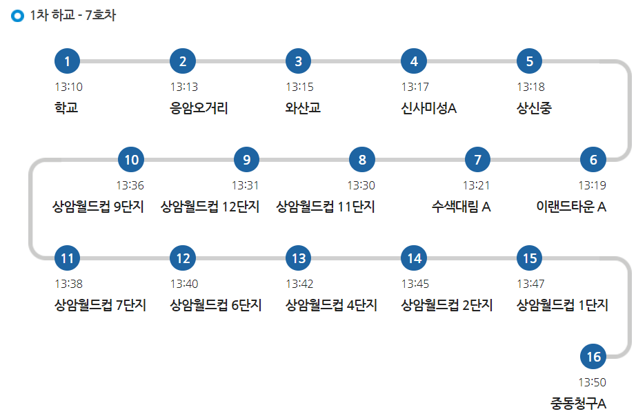 명지초 7호차 셔틀 수요일 1차 하교 노선 시간표