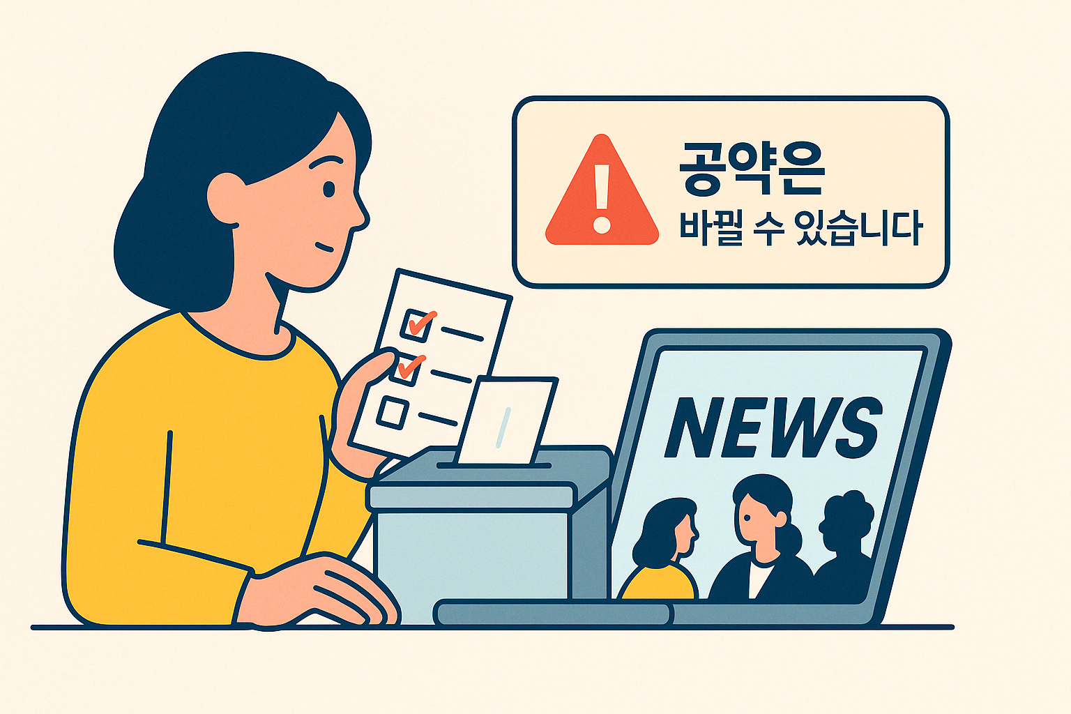 “공약은 바뀔 수 있습니다”라는 말과 함께 체크리스트 또는 유권자가 뉴스 보는 모습