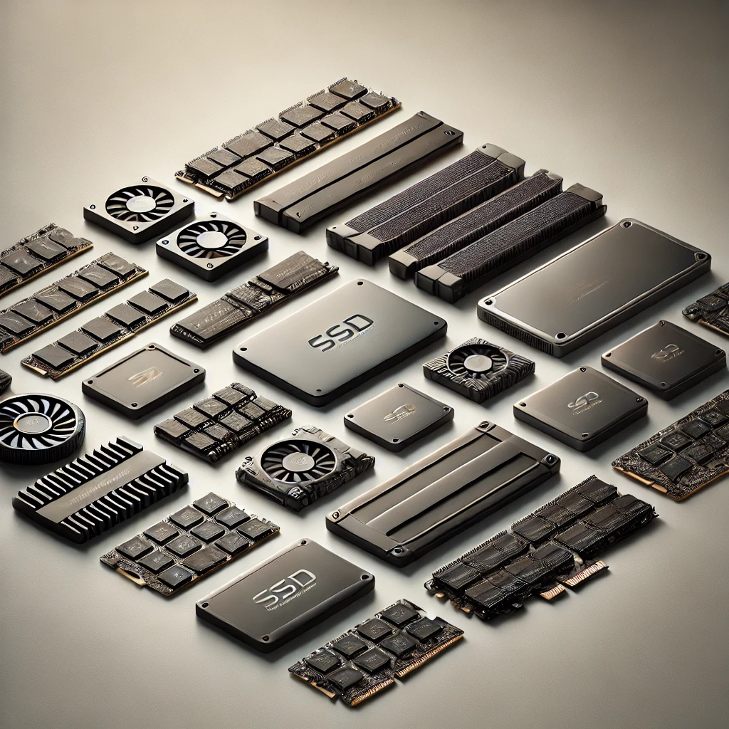 2.5인치 SATA SSD, M.2 SSD, PCIe NVMe SSD 등 다양한 종류의 SSD가 정리되어 배치된 모습, 각각의 디자인 차이를 강조하는 깨끗한 배경 위에 놓여 있음.