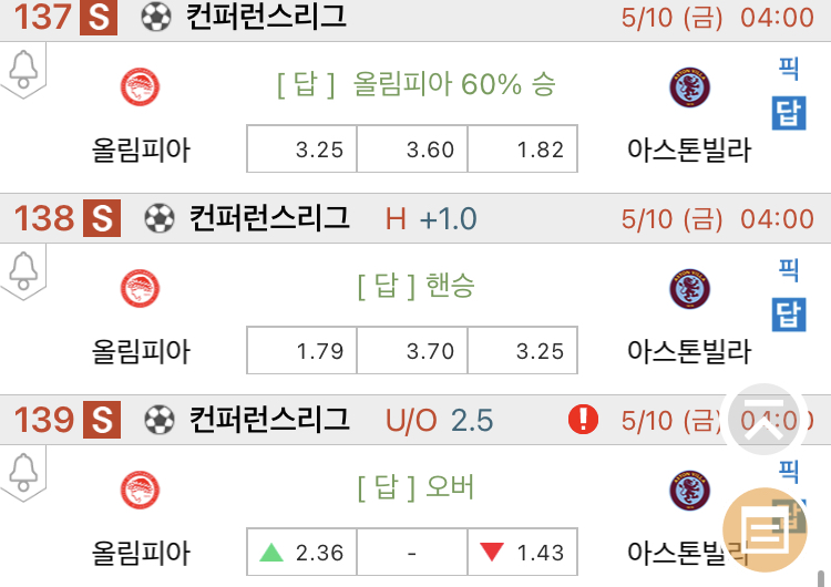 [진짜총판] 5월10일 올림피아 VS 아스톤빌라 축구분석