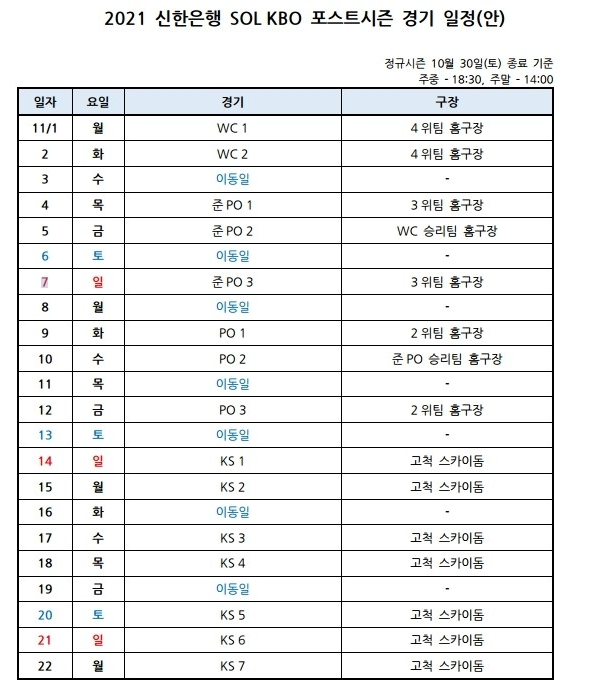  2021 KBO 포스트시즌 가을야구 와일드카드 일정