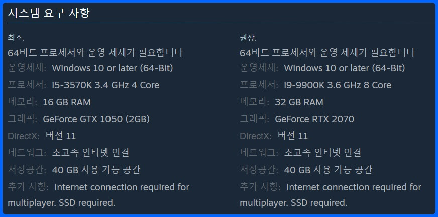 팰월드 스팀 사양(최소 요구 사양 &amp; 권장 요구 사양)