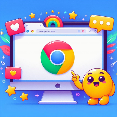 크롬 브라우저 화면 앞에서 웃고 있는 노란 캐릭터 일러스트