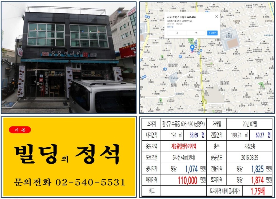  [강북구 우이경전철 10억 올근생 꼬마빌딩 실거래가 조회] 수유동 605-420 (삼양역) 11억 원, 평당 1,874만 원 매매되었습니다. 미