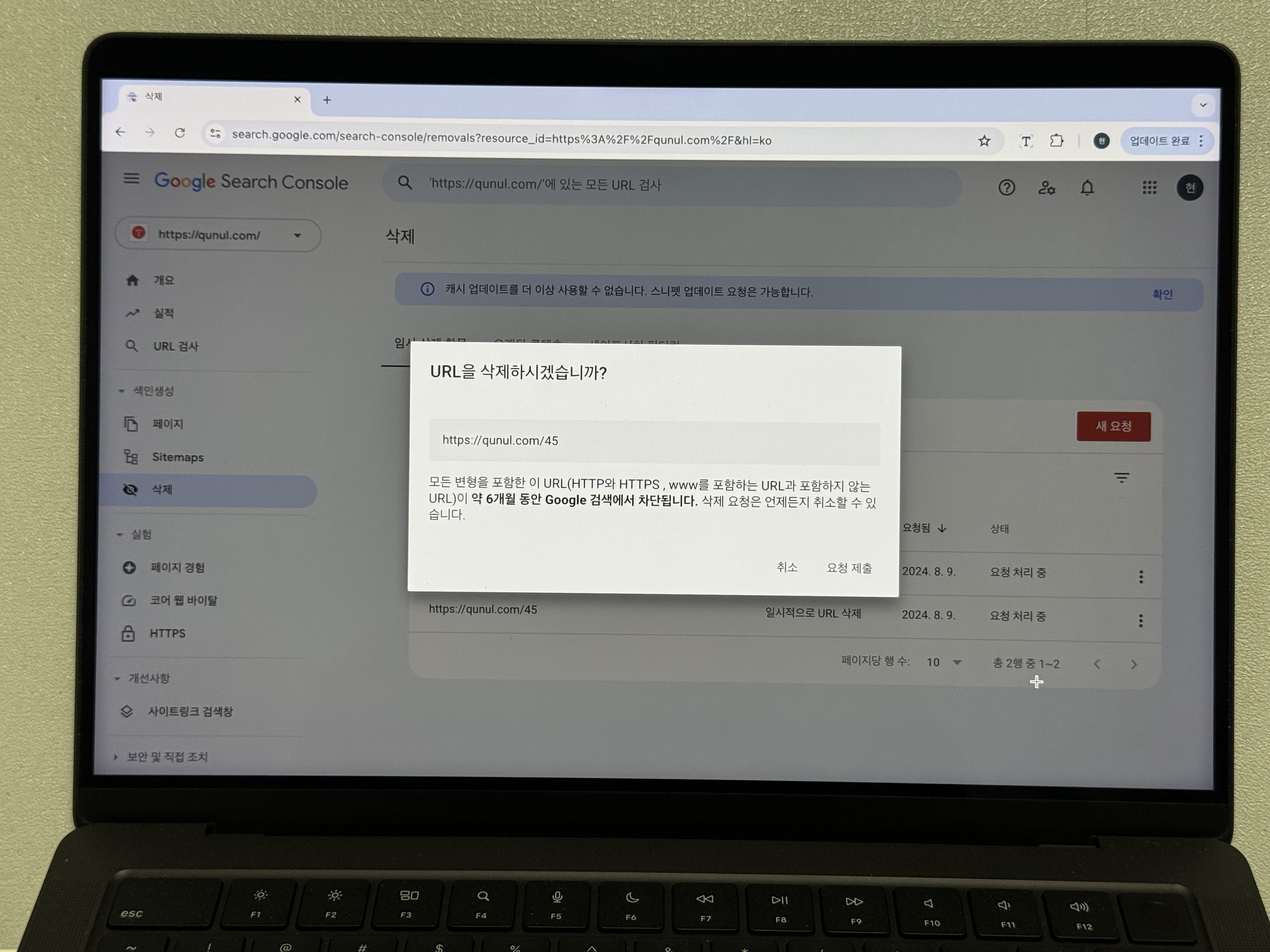 구글 서치콘솔 일시적으로 URL 삭제 요청 제출 알럿 사진