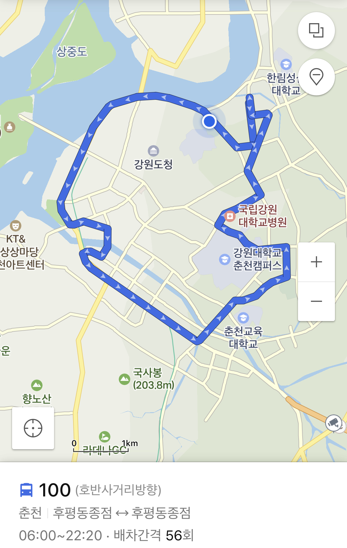  강원도 춘천시 시내버스 간선버스노선 100번 100-1번 운행 정보 운행 시간표