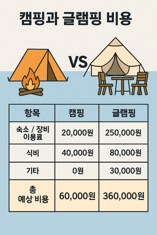 캠핑과 글램핑의 비용을 비교한 한국어 인포그래픽으로, 텐트와 캠프파이어, 글램핑 테이블 일러스트와 함께 항목별 예상 비용을 나열한 표 포함