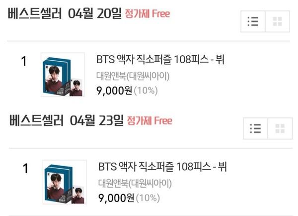  방탄소년단 뷔의 직소퍼즐도 인기, 4일째 1위 기록
