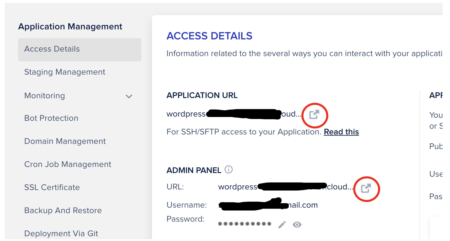 Application을 클릭하고 Access Details을 선택하면 나타나는 화면. 워드프레스 sample page와 로그인 페이지로 이동하는 링크가 빨간 원으로 표시되어 있다.