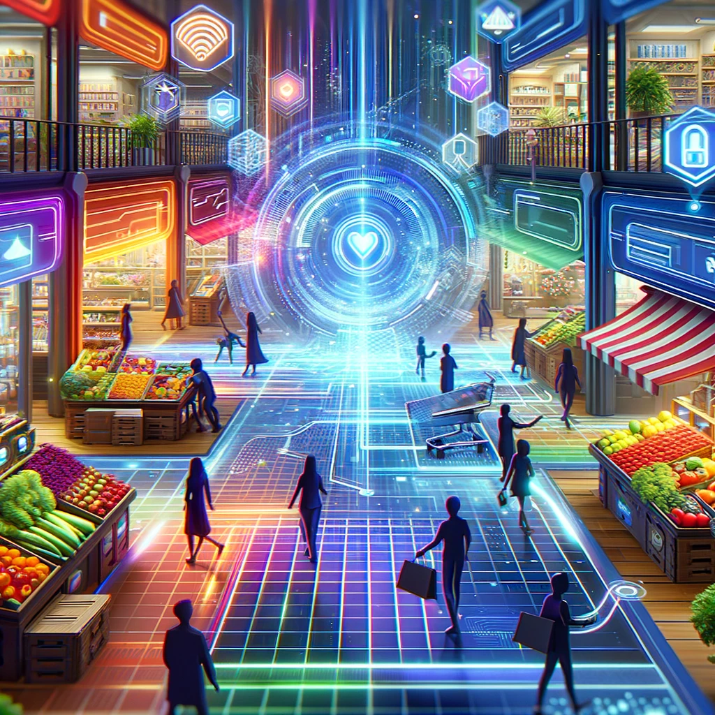 A futuristic illustration of an e-commerce platform&#44; depicting a bustling digital marketplace with vibrant colors.