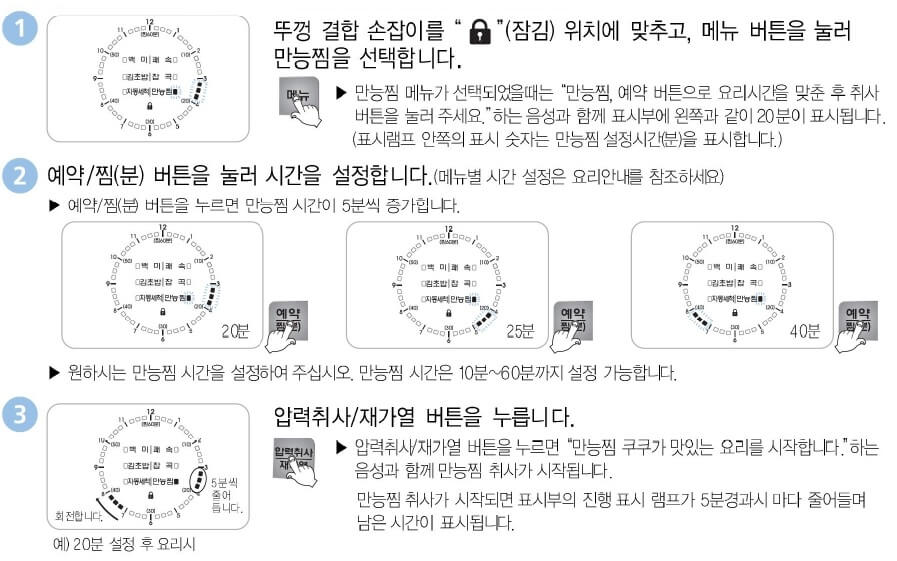 쿠쿠IH보온밥솥은 만능찜 설정이 가능하여 취사 이외에도 많은 요리를 할 수 있다.
