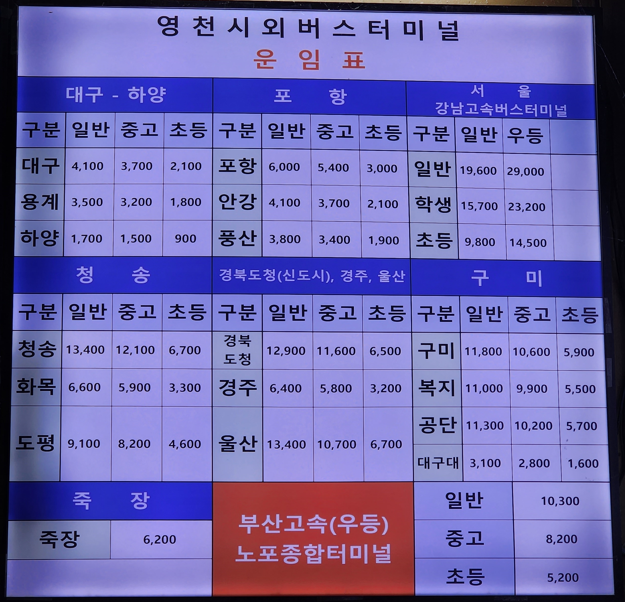 영천시외버스정류장 시간표 3