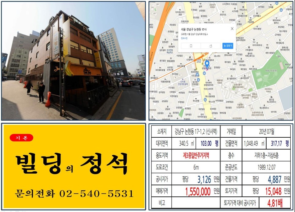  [강남구 강남대로 100억 꼬마빌딩 실거래가 조회] 논현동 17-1,2 (신사역) 155억  원, 평당 1억 5,048만 원 매매되었습니다. 신