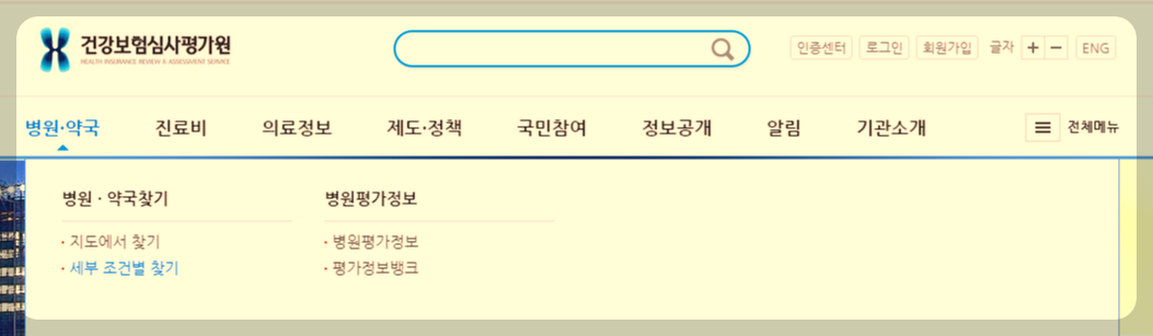건강보험심사평가원 홈페이지 초기 화면