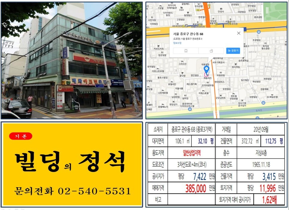  [종로구 청계천 30억 꼬마빌딩 실거래가 조회] 관수동 68 (종로3가역) 38억 5,000만 원, 평당 1억 1,996만 원 매매되었습니다.