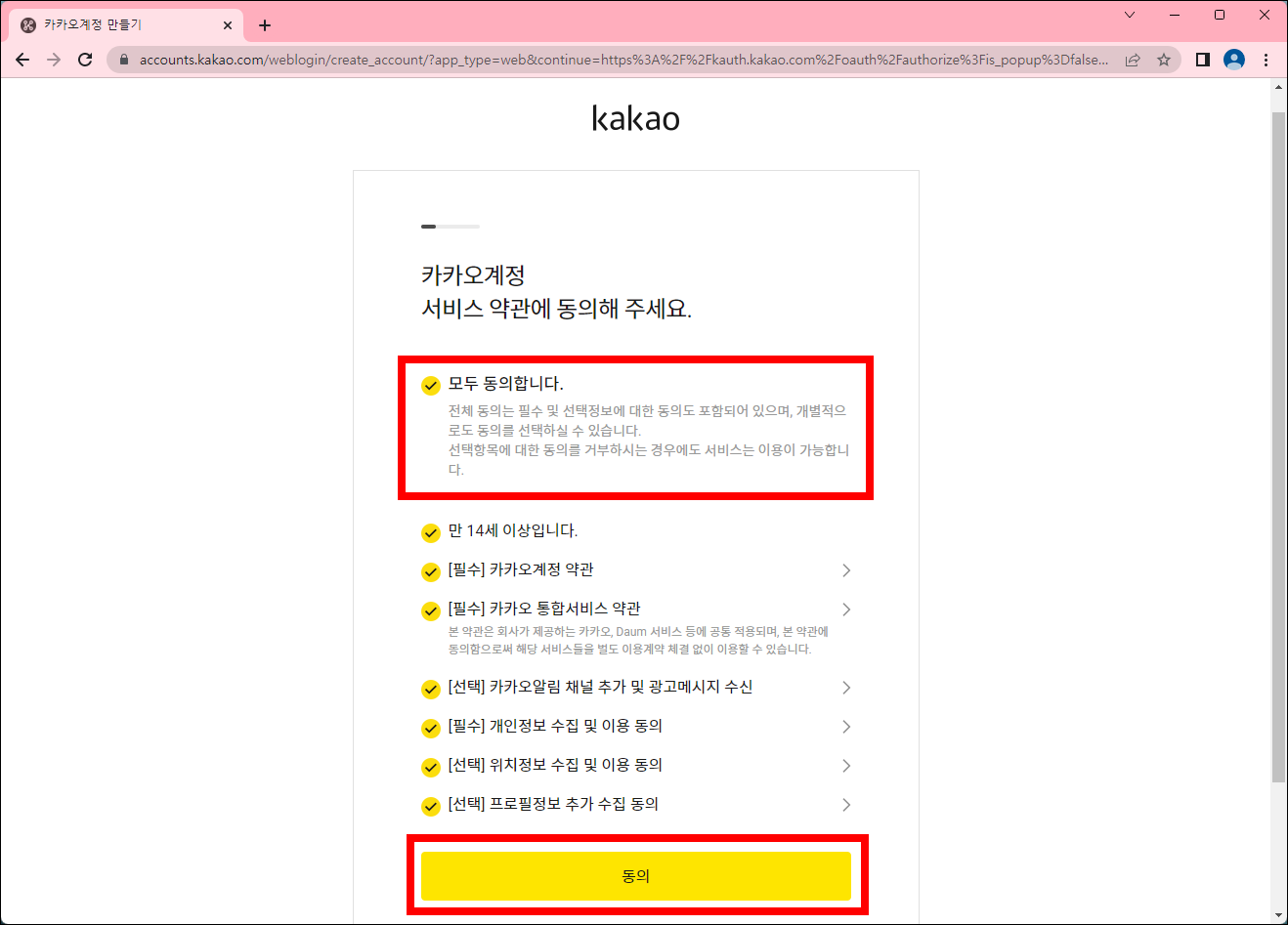 카카오 서비스 약관 동의 페이지
