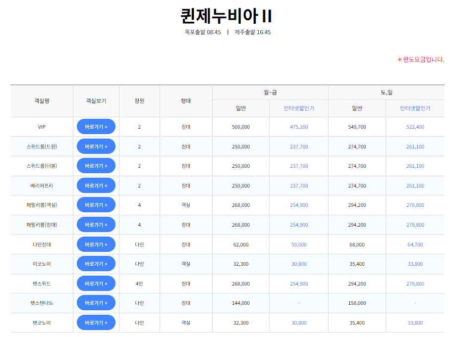 퀸제누비아 II 요금표